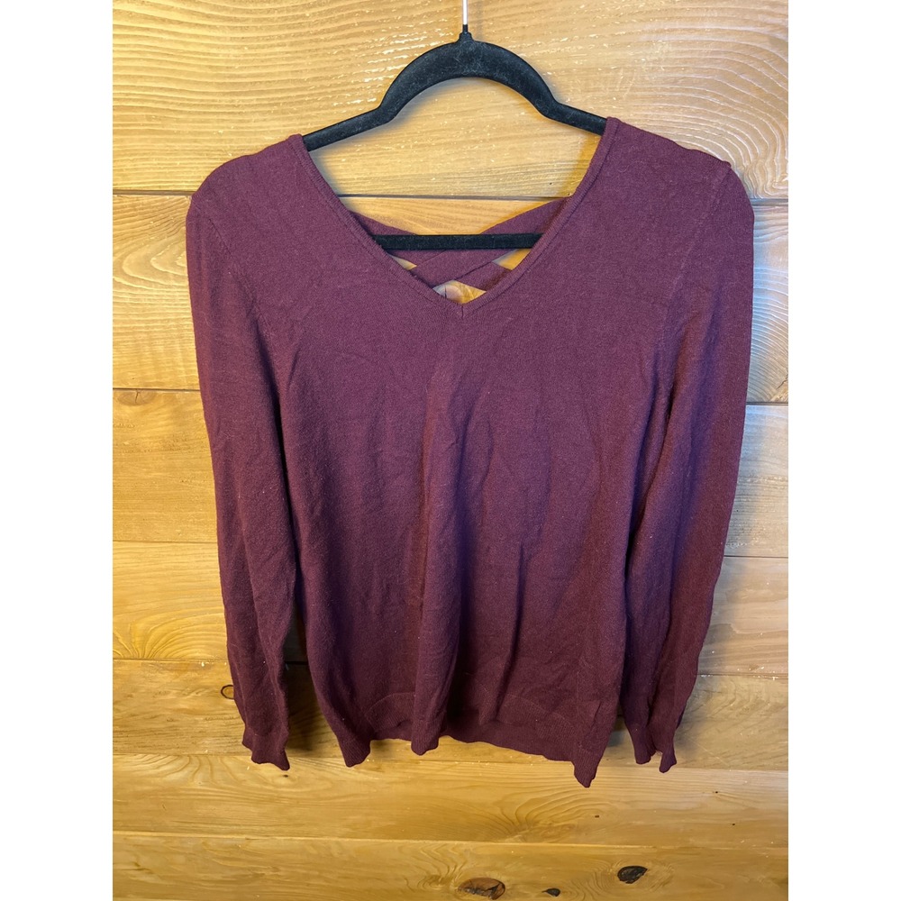 Love Ellie Women Large Burgundy Criss Cross Back Long Sleeve Knit Sweater Casual